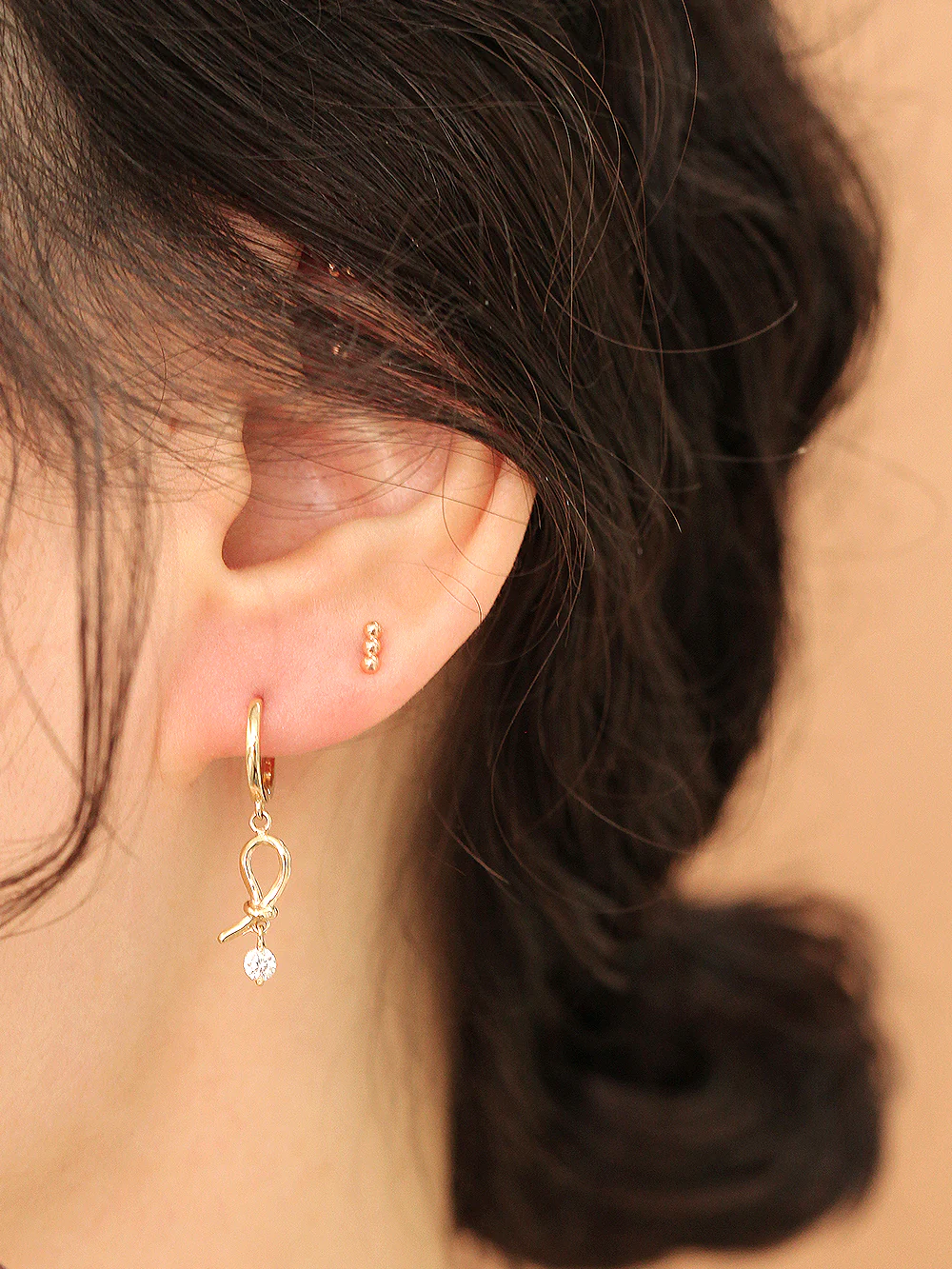 14K Gold Pearl Cubic Drop Hoop Earring