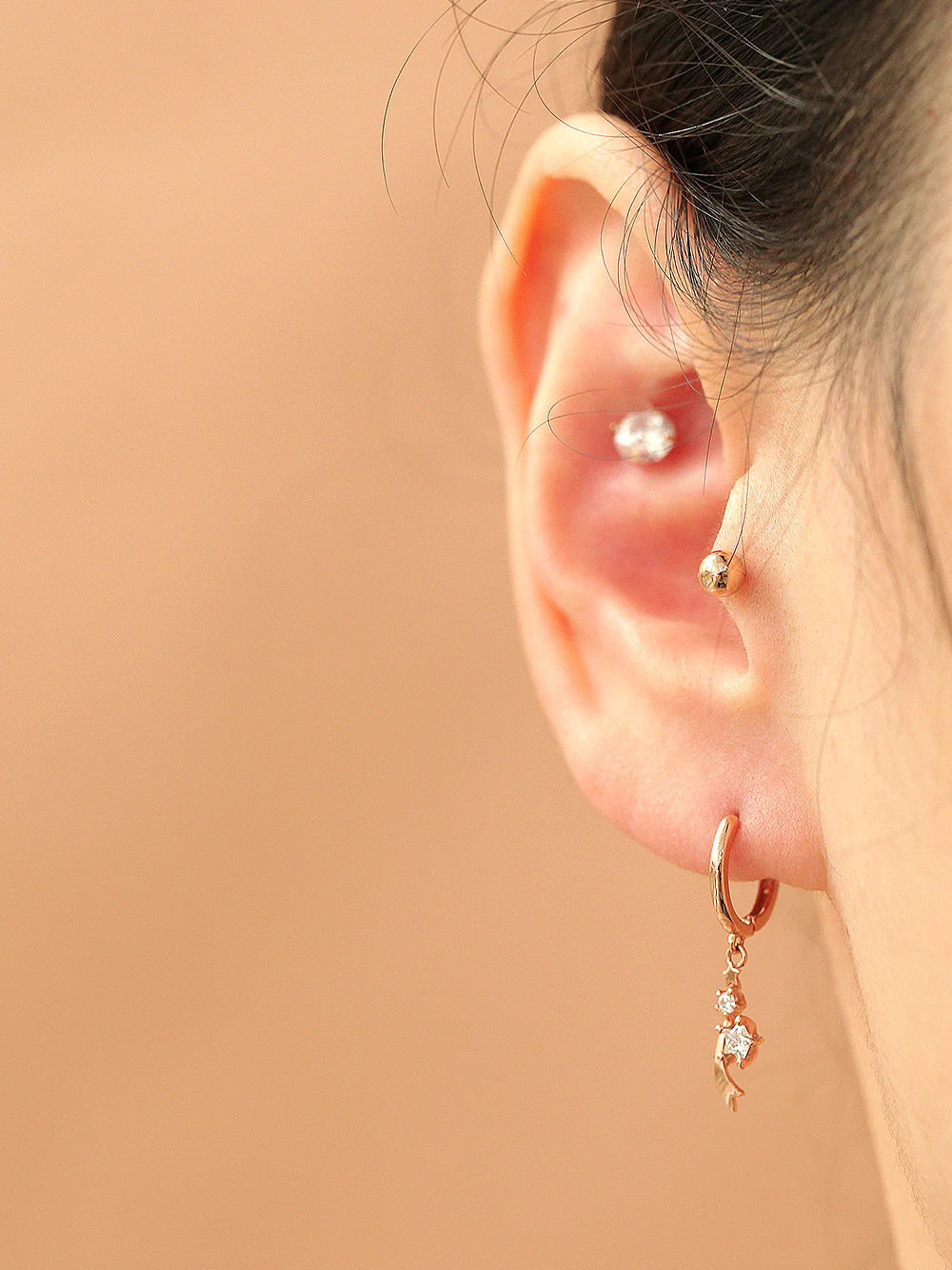 14K Gold Pearl Cubic Drop Hoop Earring - Image 3