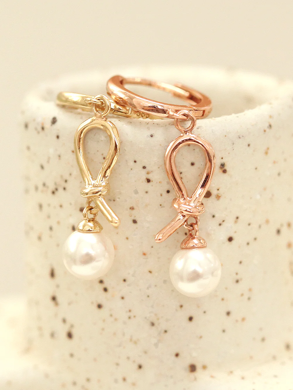14K Gold Pearl Cubic Drop Hoop Earring - Image 6