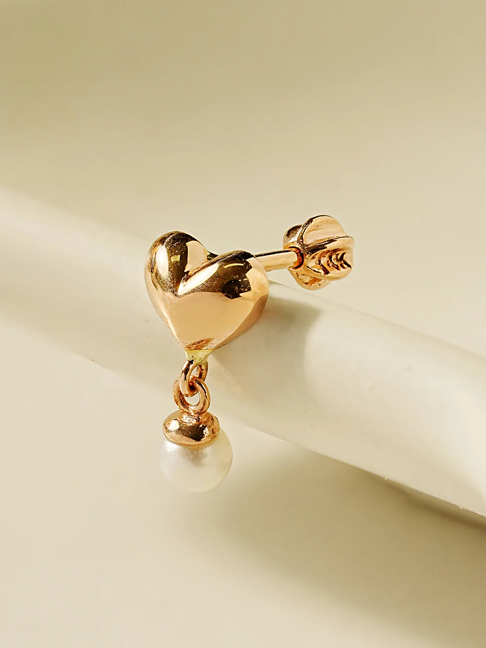 14K Gold Pearl Drop Heart Cartilage Earring 18G16G