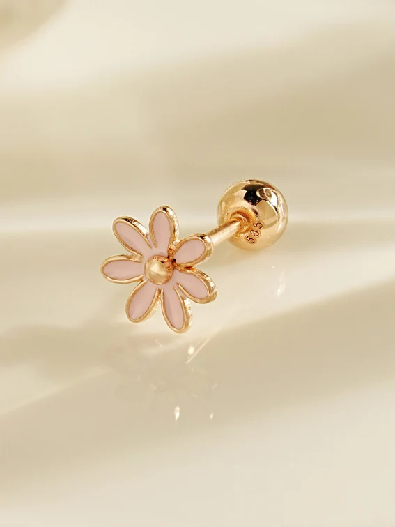 14K Gold Pink Gerbera Flower Cartilage Earring 20G - Image 3