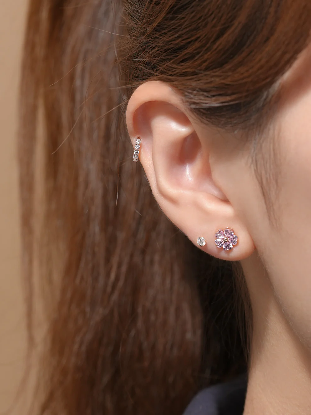 14K Gold Pink Heart Big Flower Cartilage Earring 18G16G - Image 2