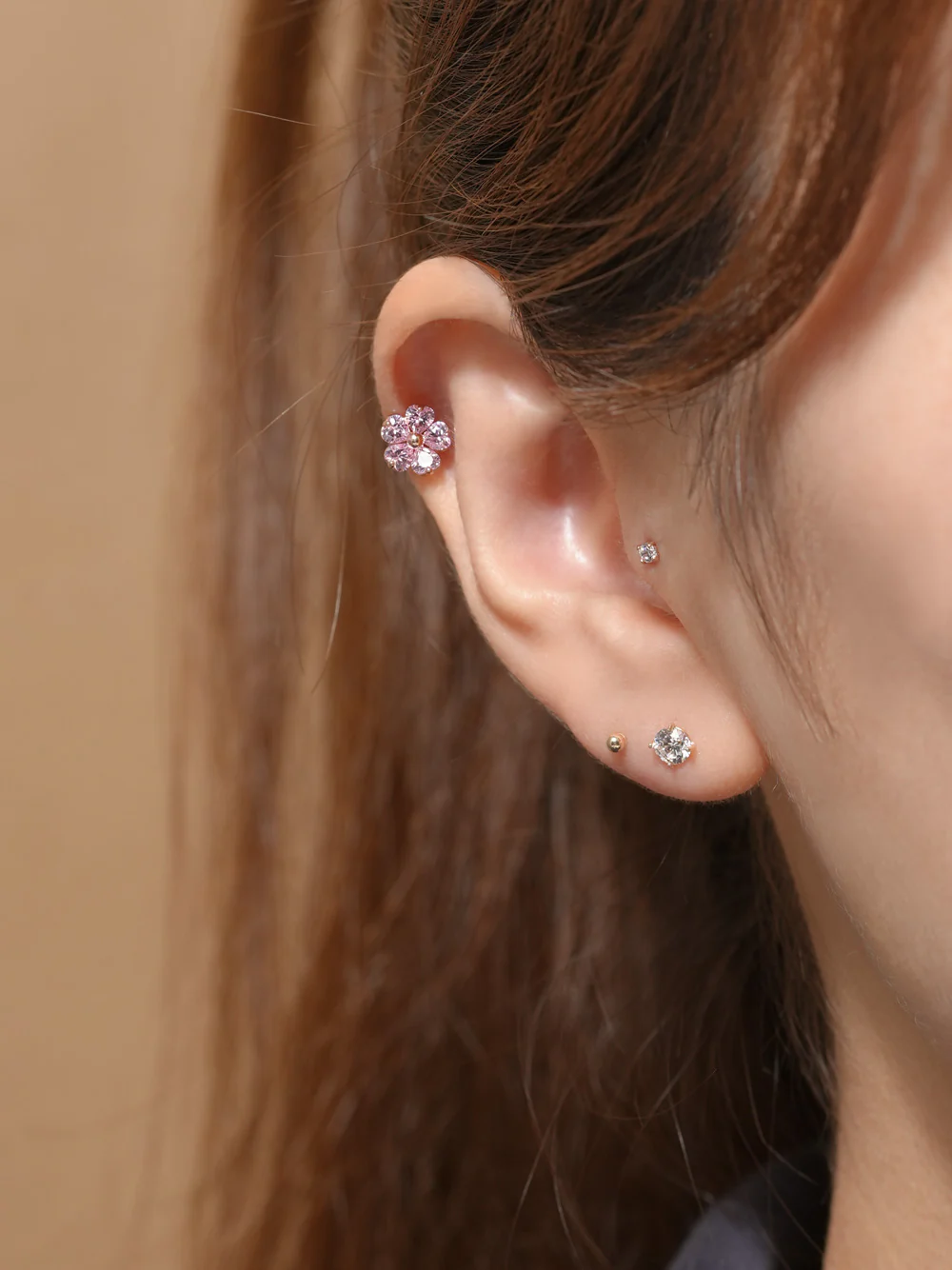 14K Gold Pink Heart Big Flower Cartilage Earring 18G16G - Image 4