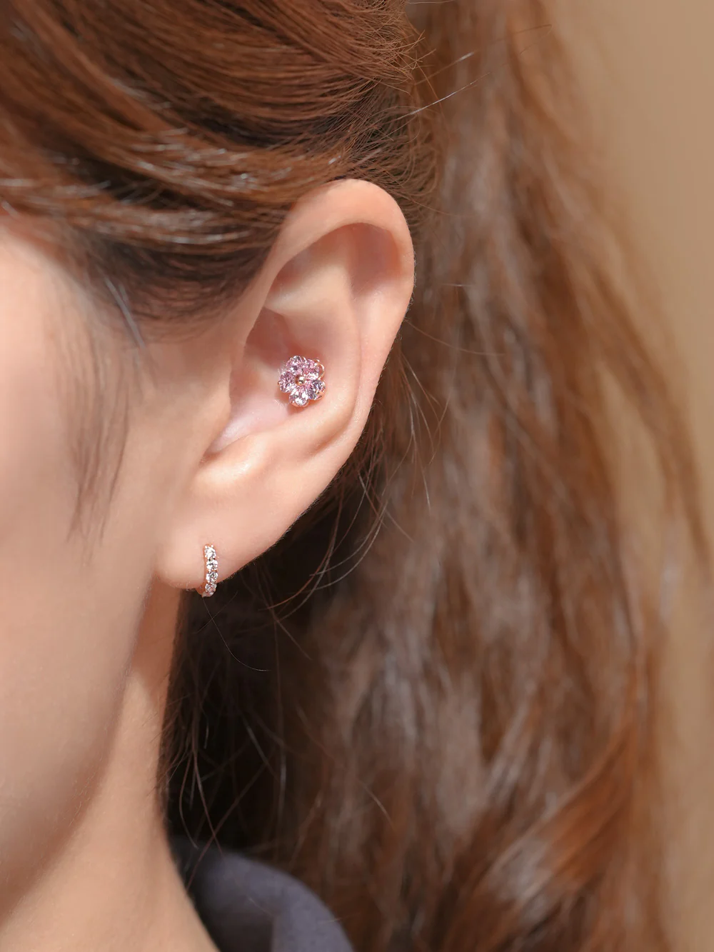 14K Gold Pink Heart Big Flower Cartilage Earring 18G16G - Image 8