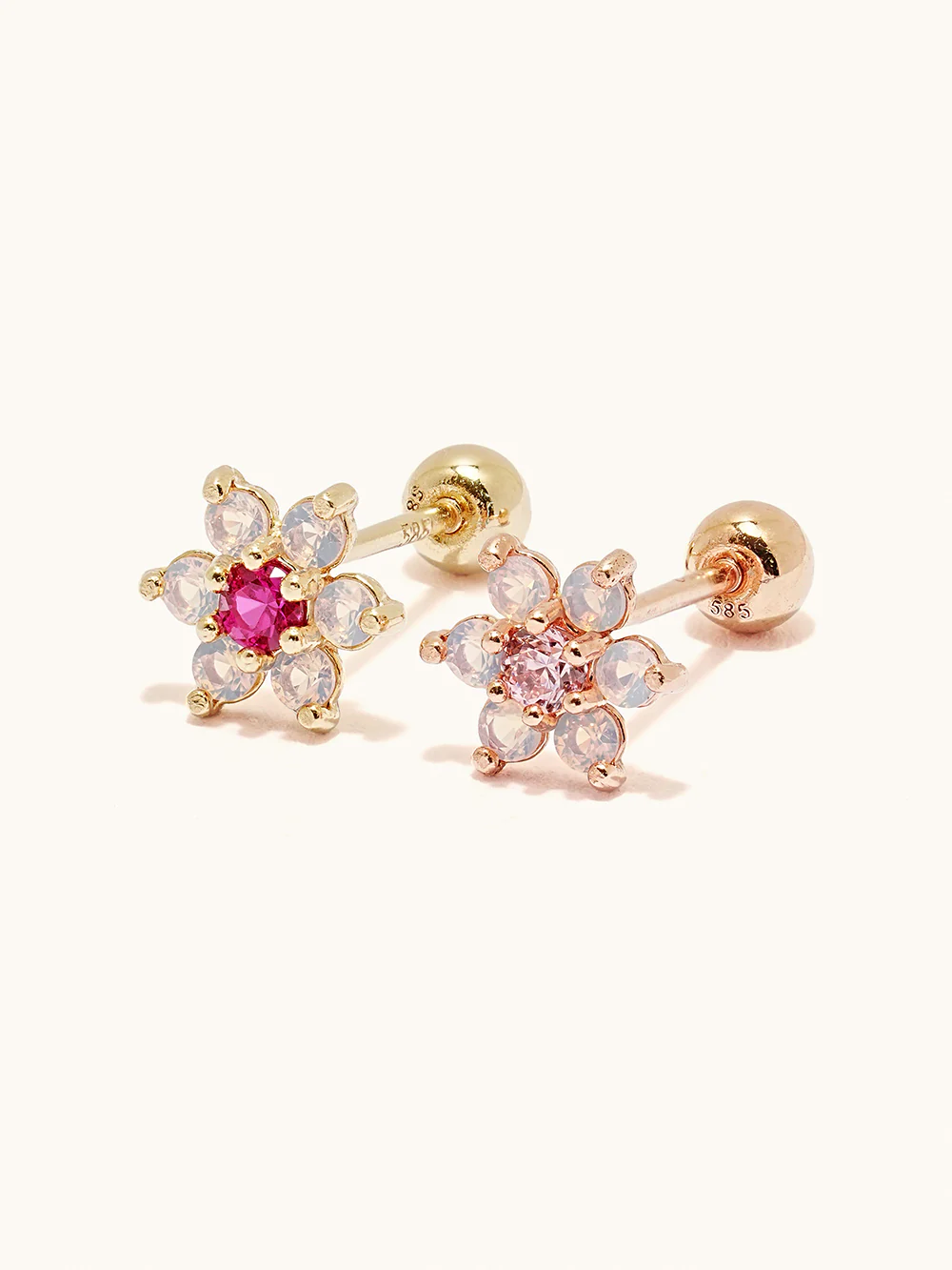 14K Gold Pink Opal Flower Cartilage Earring 20G18G16G