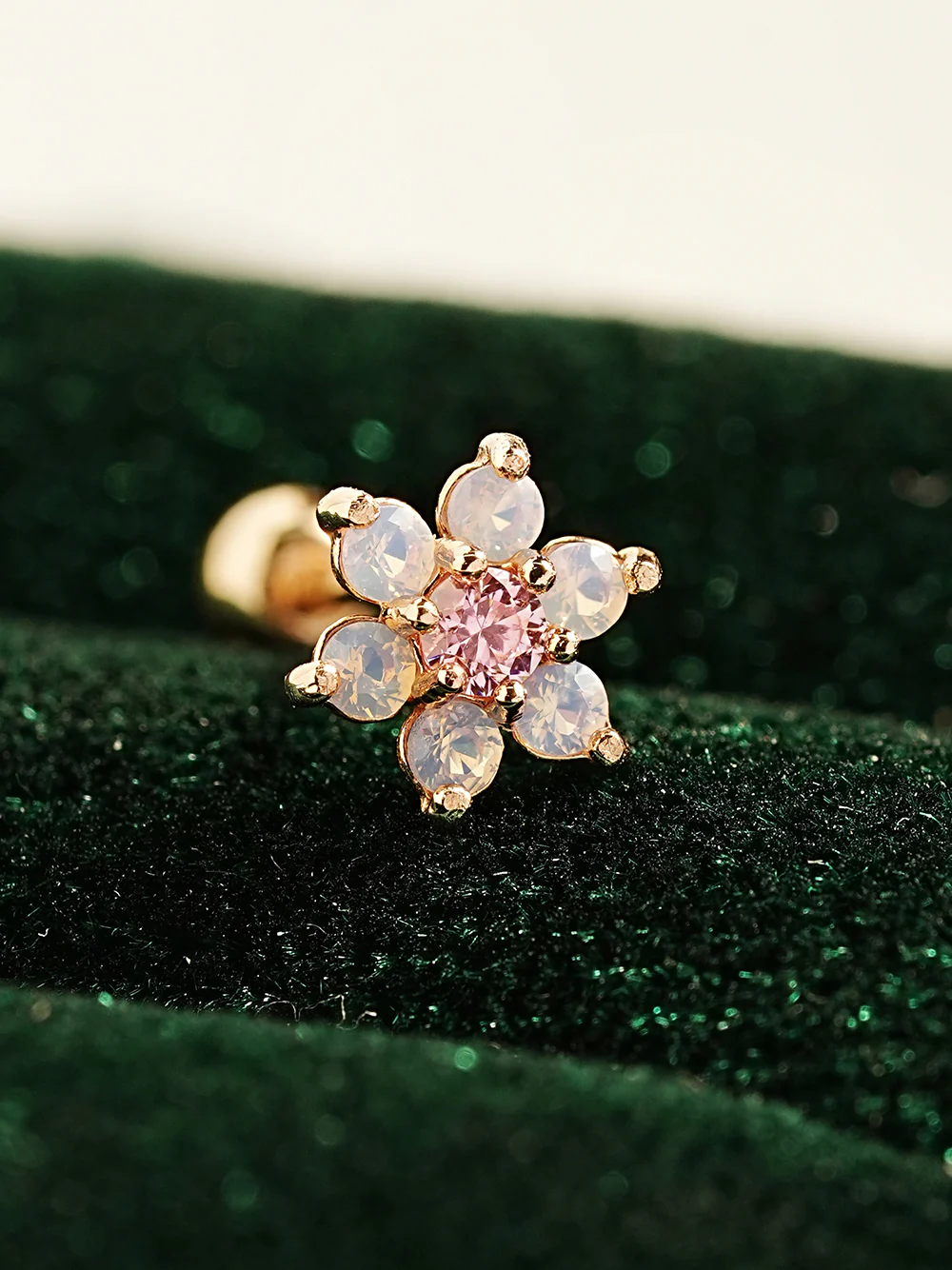 14K Gold Pink Opal Flower Cartilage Earring 20G18G16G - Image 12