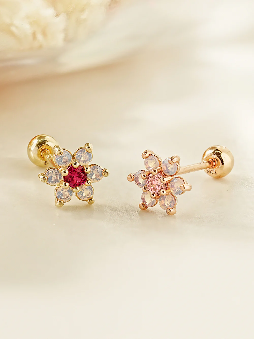 14K Gold Pink Opal Flower Cartilage Earring 20G18G16G - Image 7