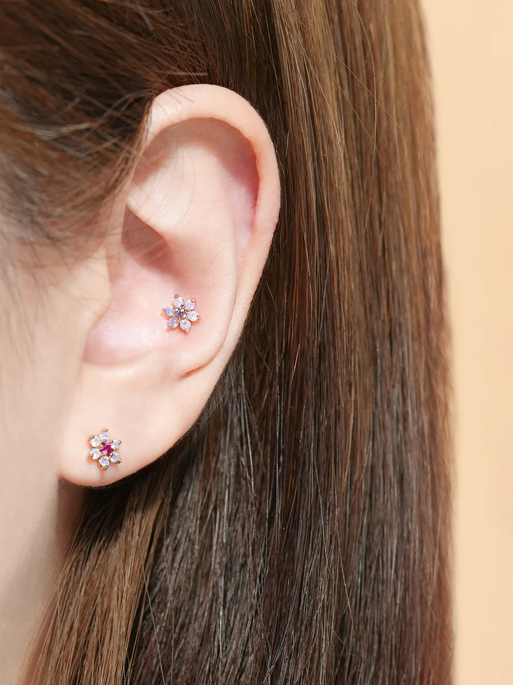 14K Gold Pink Opal Flower Cartilage Earring 20G18G16G - Image 8