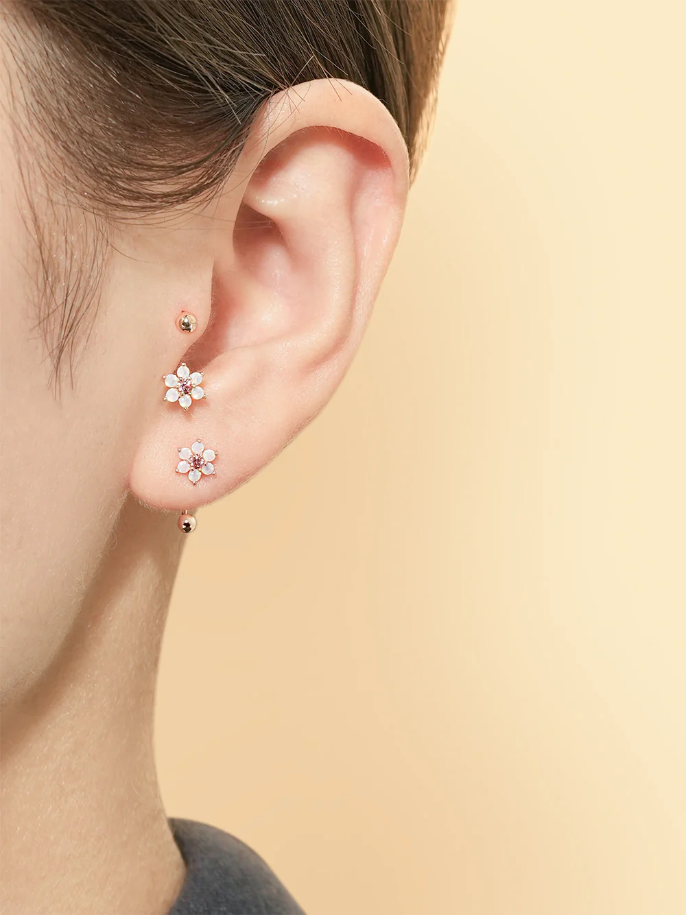 14K Gold Pink Opal Flower Curve Piercing 20G - Image 2
