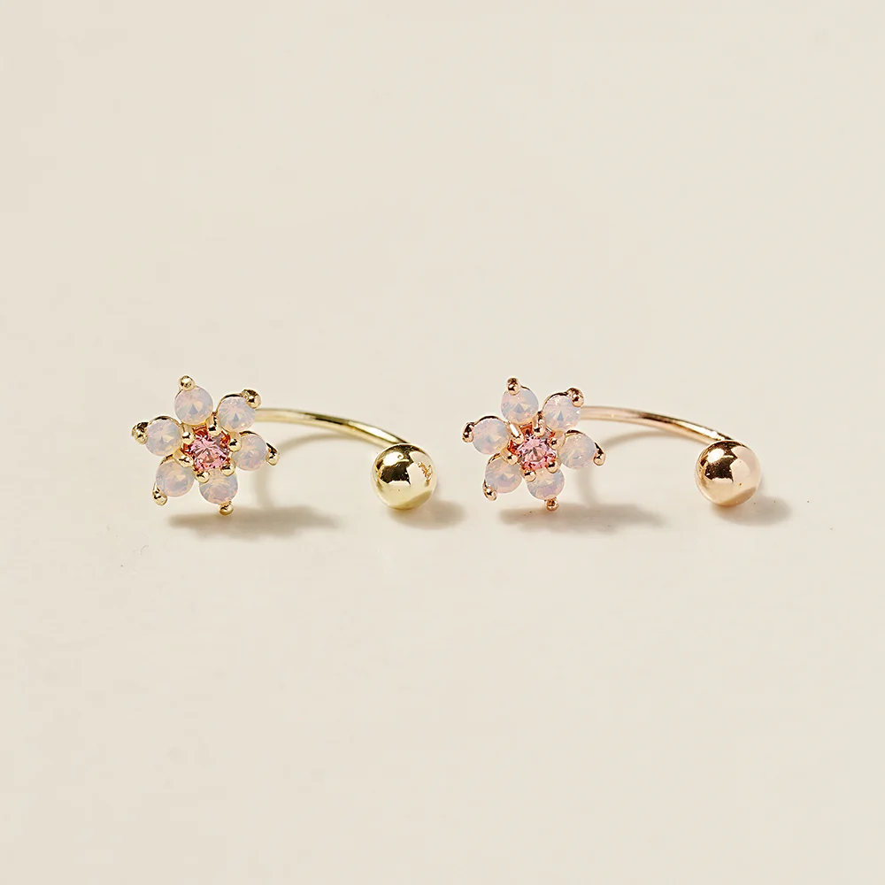 14K Gold Pink Opal Flower Curve Piercing 20G - Image 3
