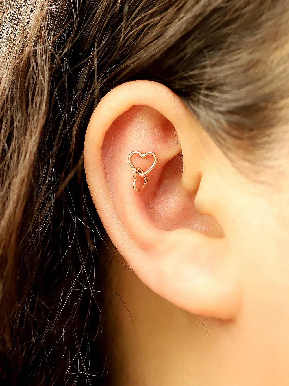 14K Gold Double Heart Drop Earring 20G18G16G - Image 6