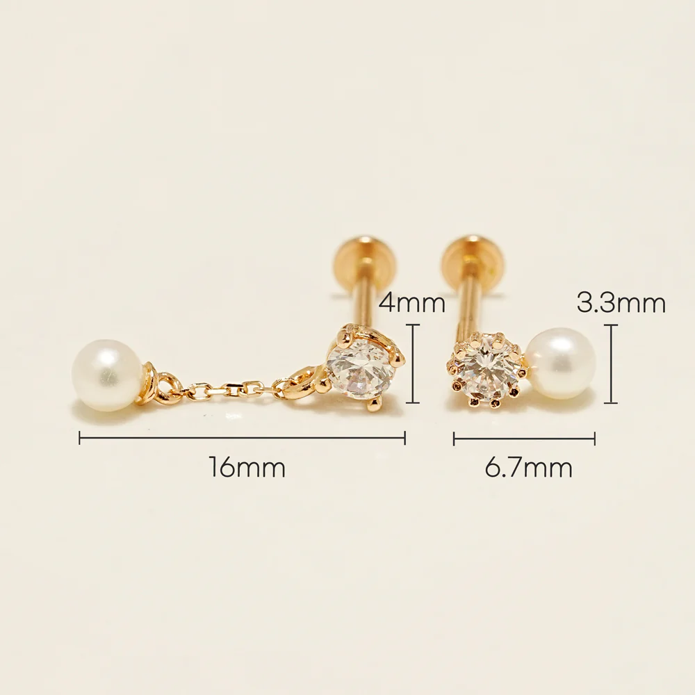 14K Gold Point Cubic Pearl Internally Threaded Labret Piercing 18G16G - Image 13