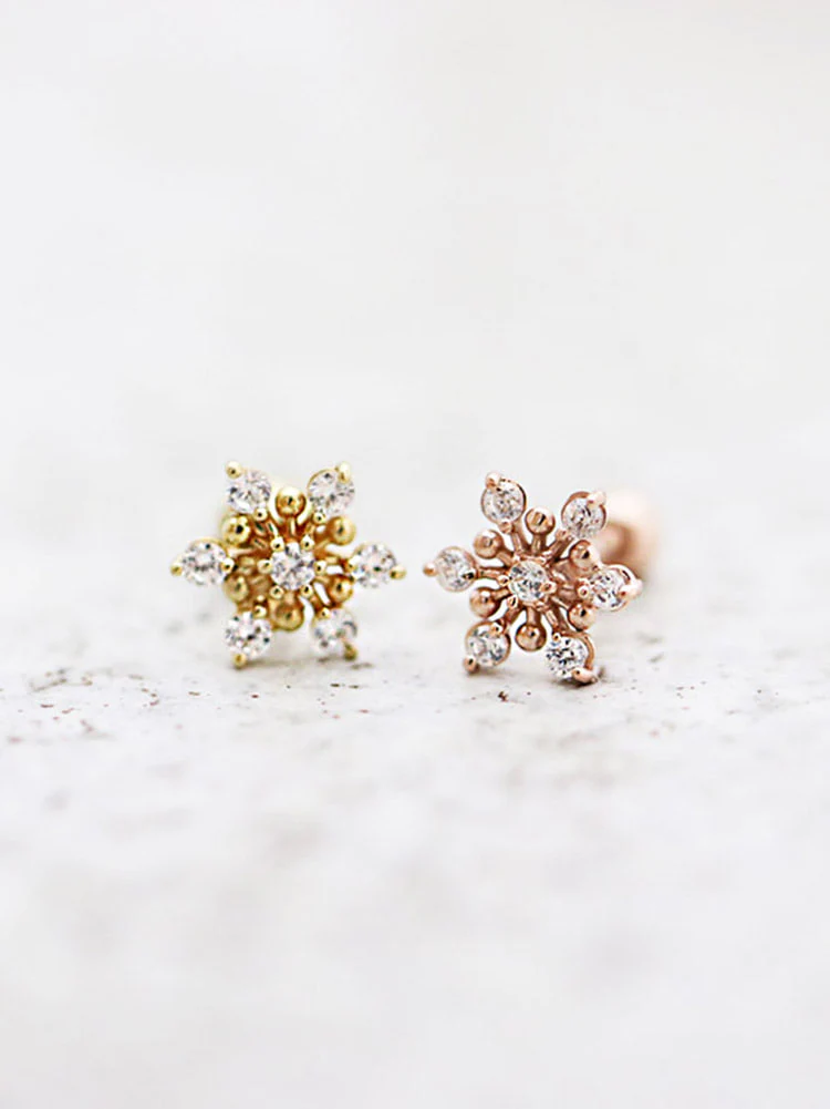 14K Gold Point CZ Snowflake Cartilage Earring 18G16G - Image 3