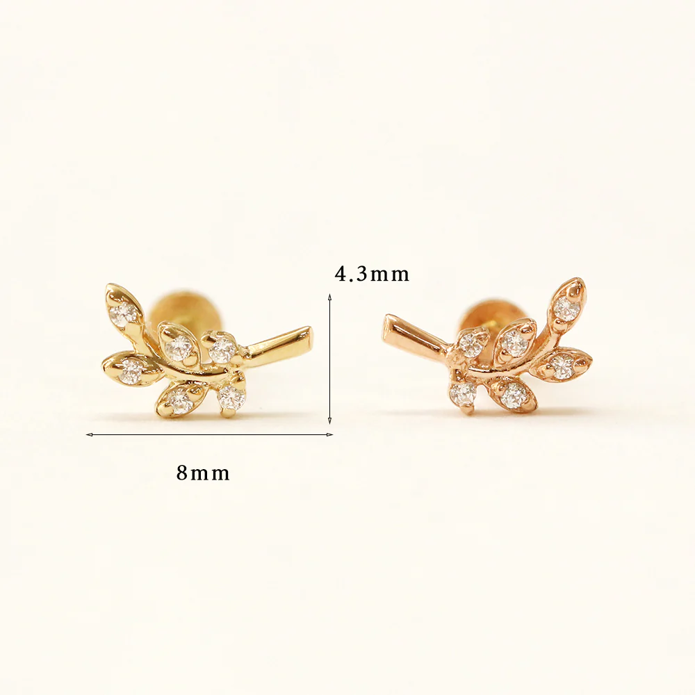14K Gold Point Leaf Internally Threaded Labret Piercing 18G16G - Image 11