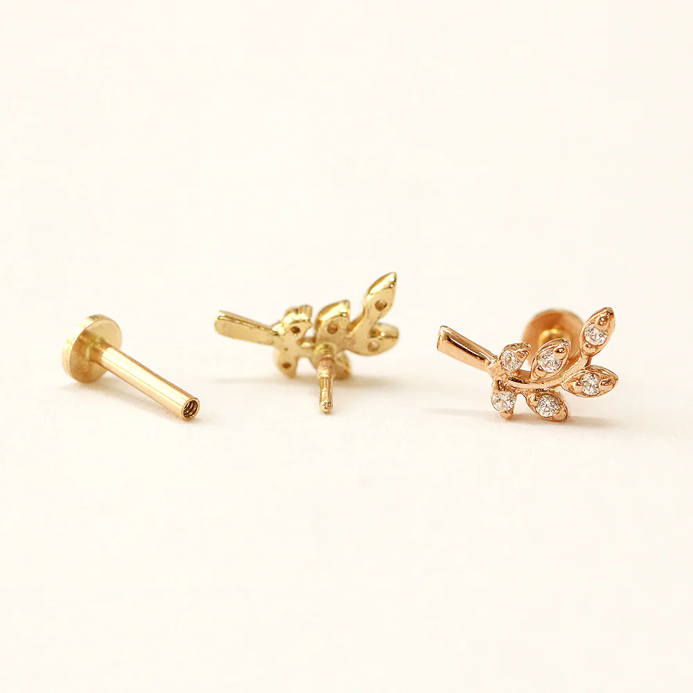 14K Gold Point Leaf Internally Threaded Labret Piercing 18G16G - Image 13