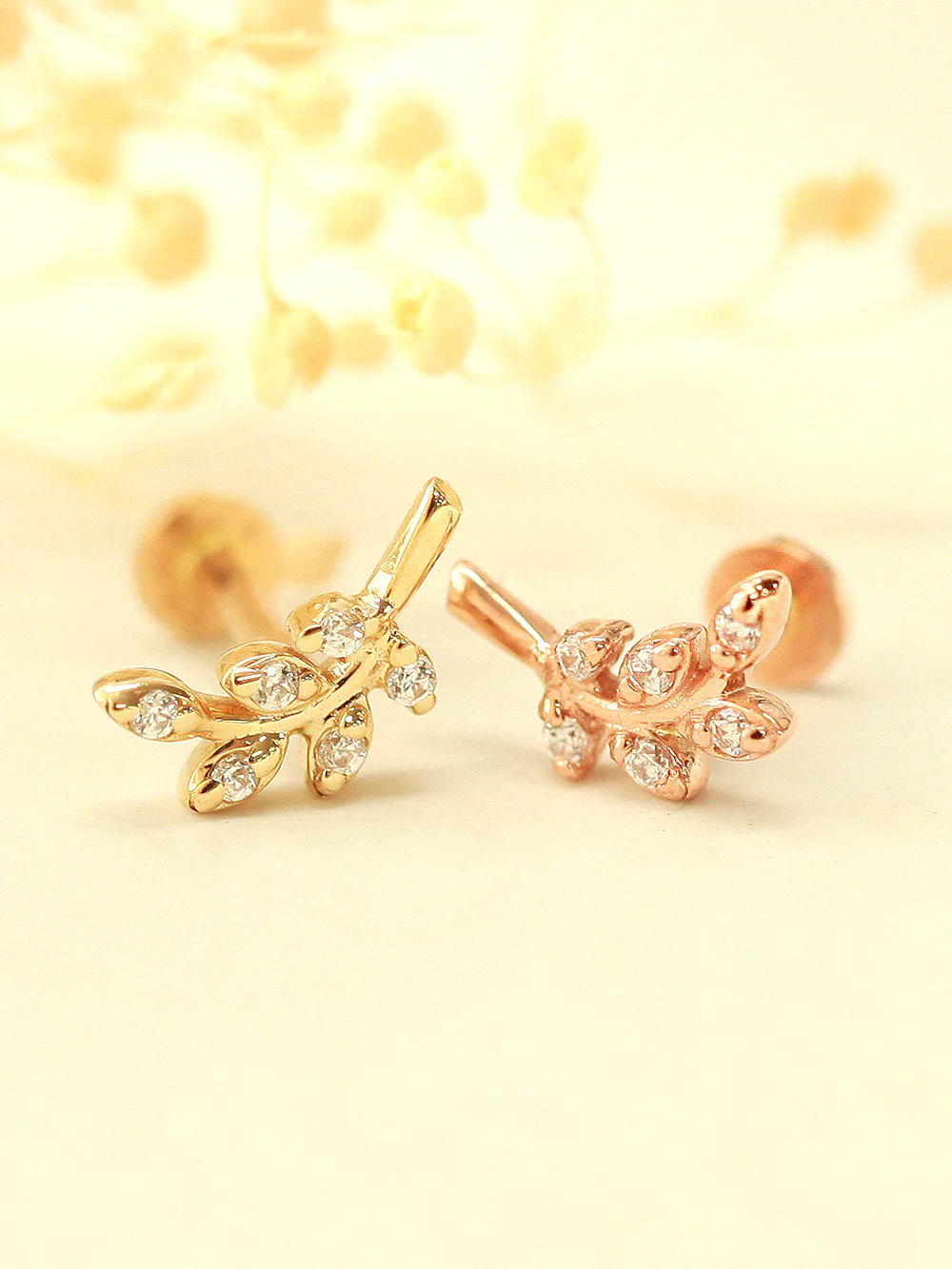 14K Gold Point Leaf Internally Threaded Labret Piercing 18G16G - Image 3
