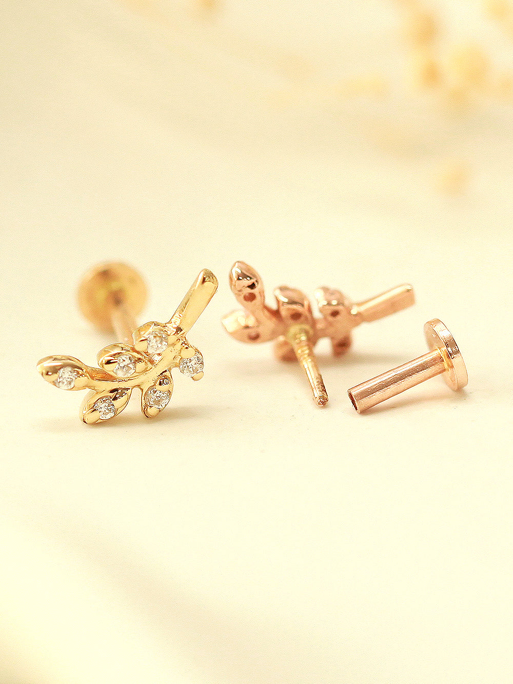14K Gold Point Leaf Internally Threaded Labret Piercing 18G16G - Image 7