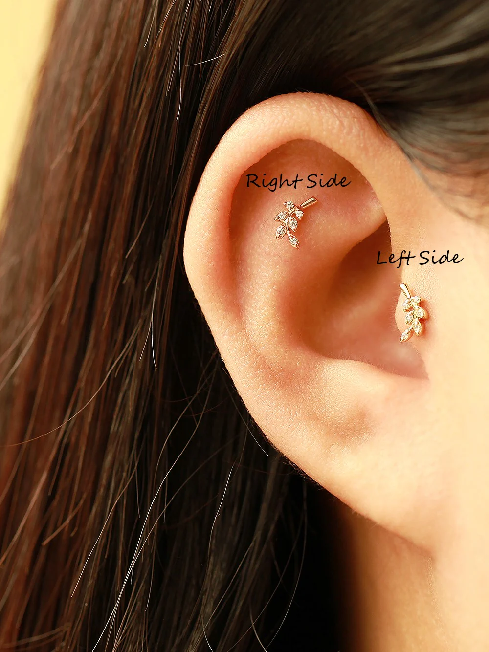 14K Gold Point Leaf Internally Threaded Labret Piercing 18G16G - Image 8