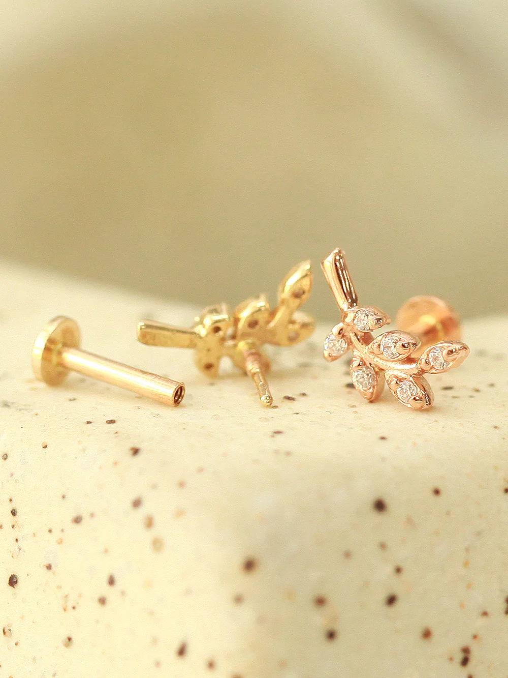 14K Gold Point Leaf Internally Threaded Labret Piercing 18G16G - Image 9