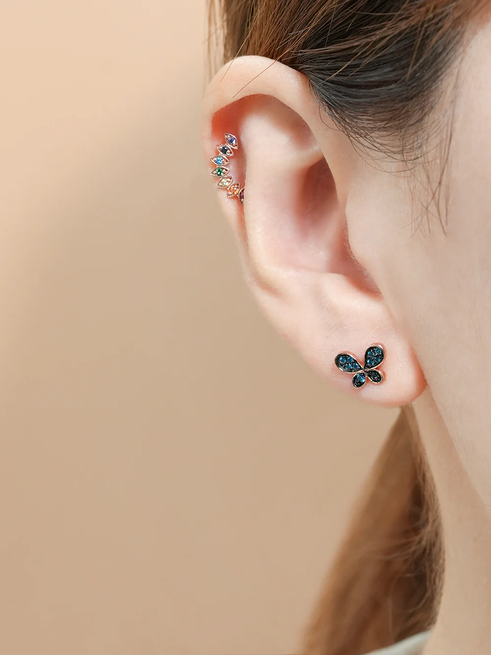 14K Gold Polyo Blue Butterfly Cartilage Earring 18G16G - Image 2