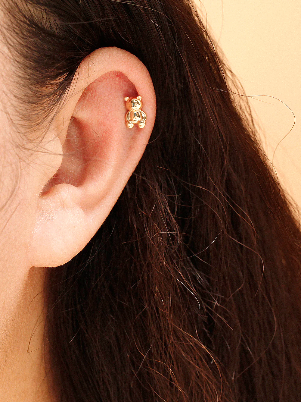 14K Gold Rabbit & Bear Cartilage Earring 18G16G - Image 2