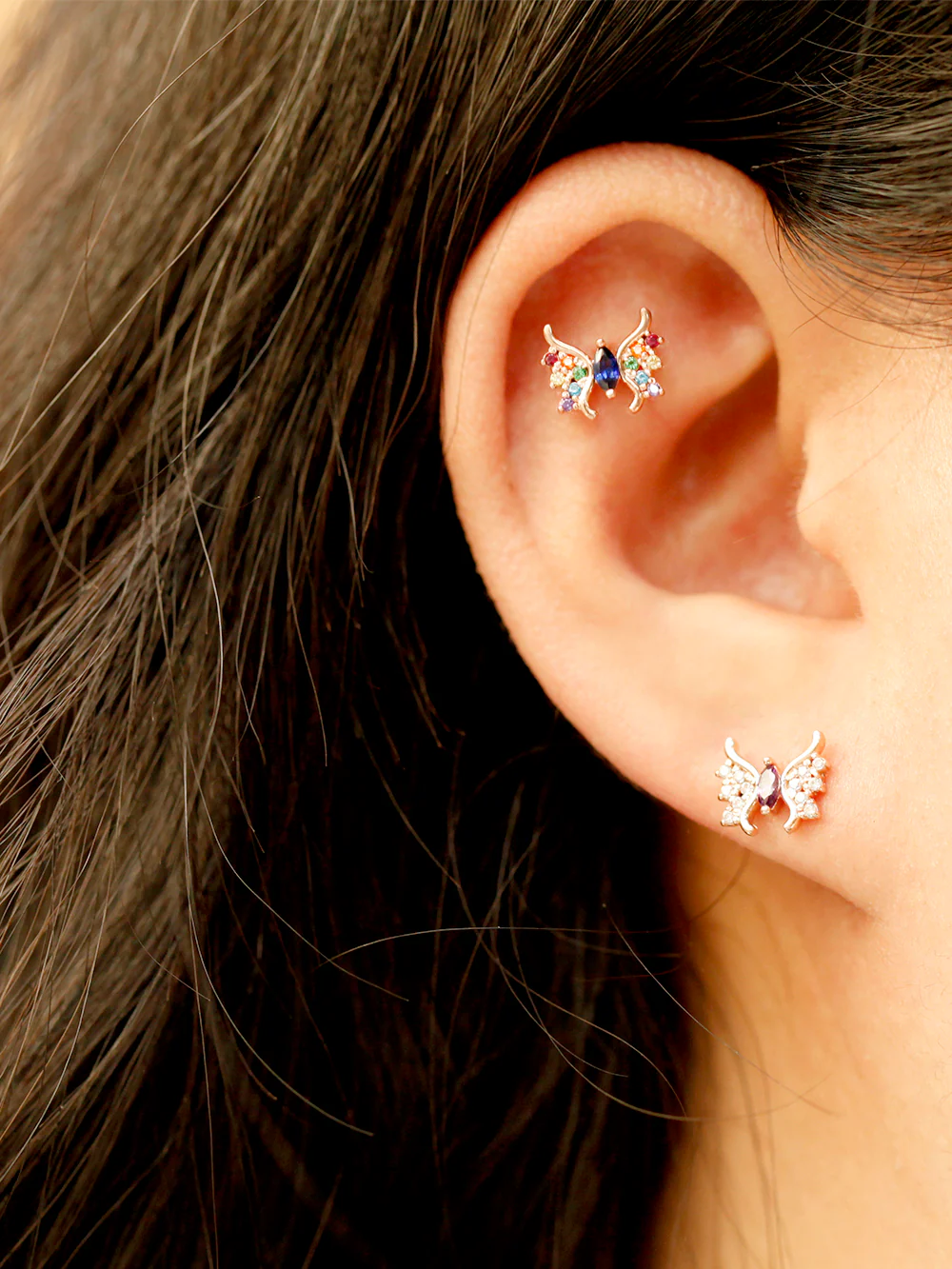 14K Gold Rainbow Butterfly Cartilage Earring 18G16G - Image 2
