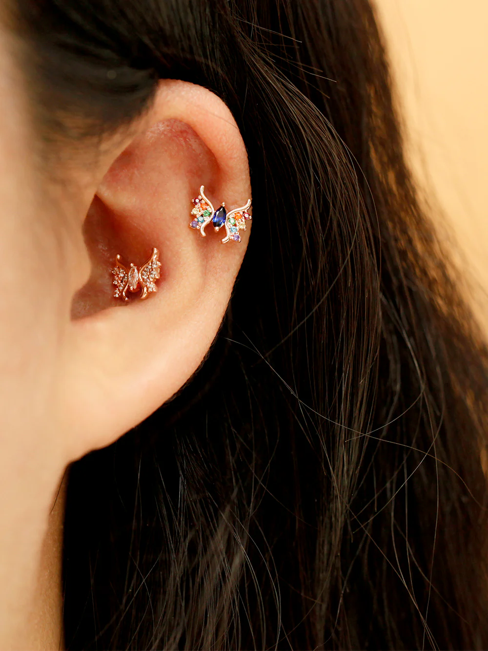 14K Gold Rainbow Butterfly Cartilage Earring 18G16G - Image 4