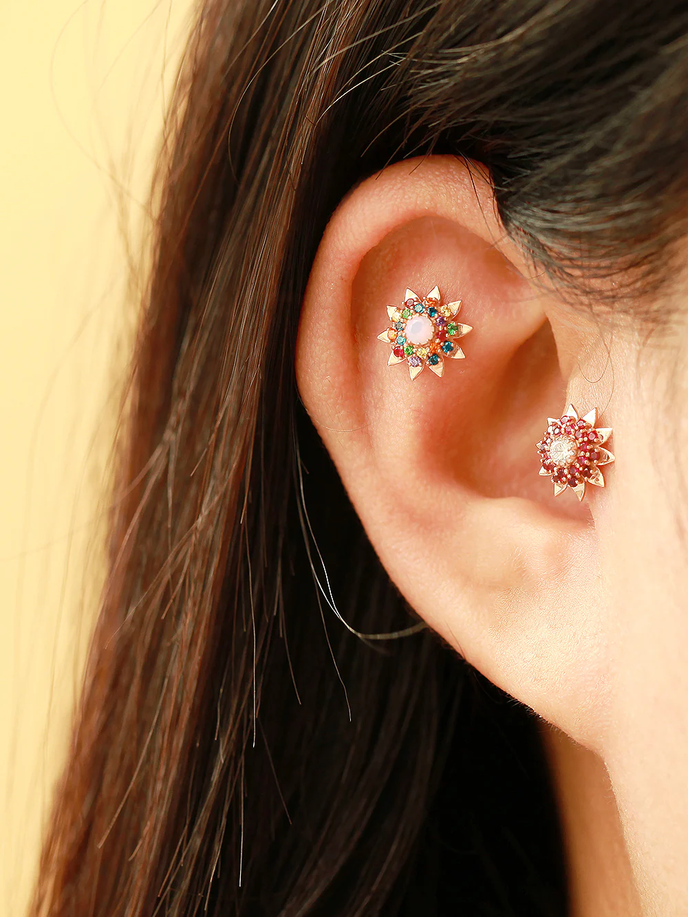 14K Gold Rainbow Sunflower Cartilage Earring 18G16G - Image 4