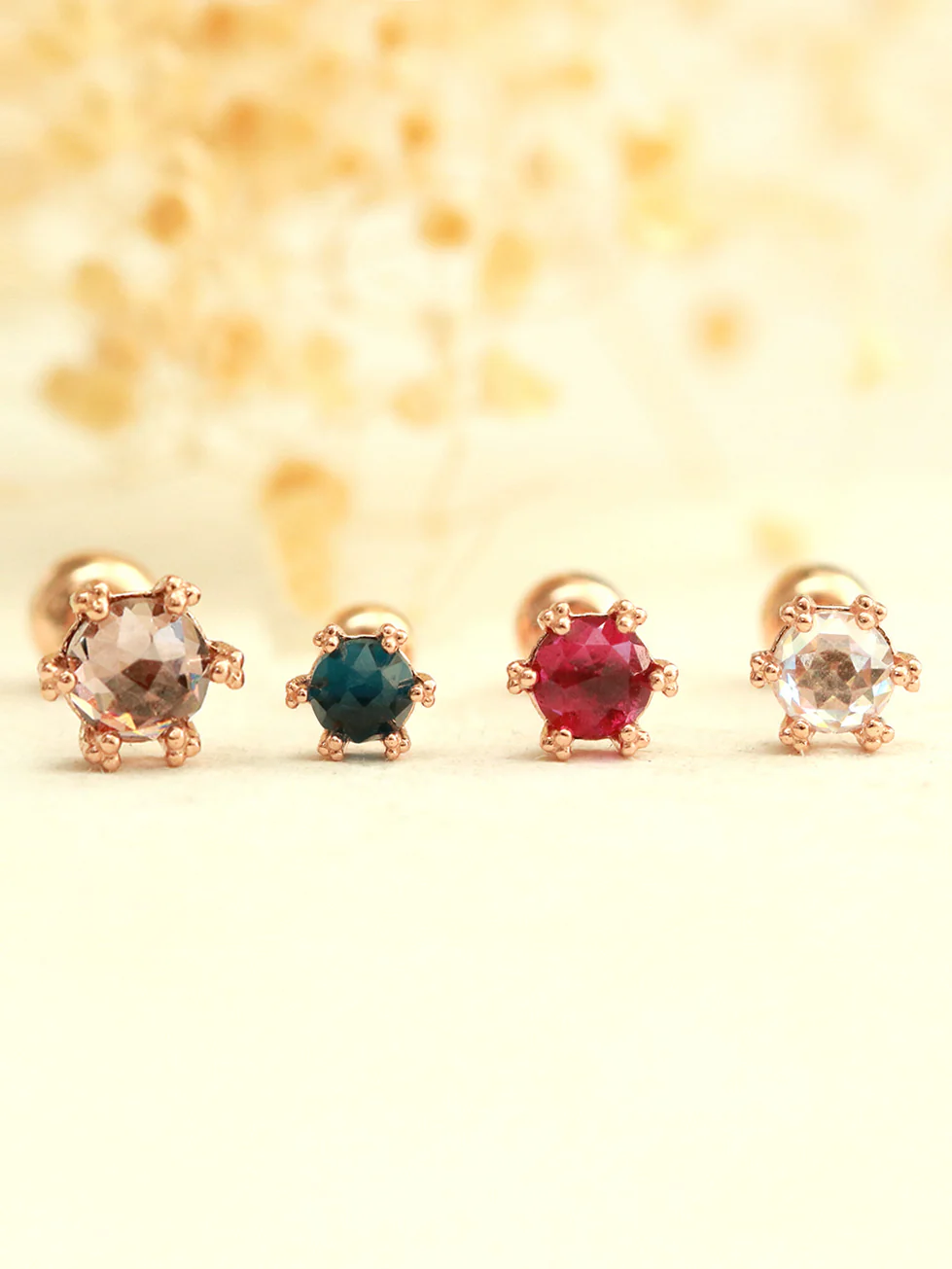 14K Gold 6 Prong Rose Cut Cubic Cartilage Earring 20G18G - Image 2