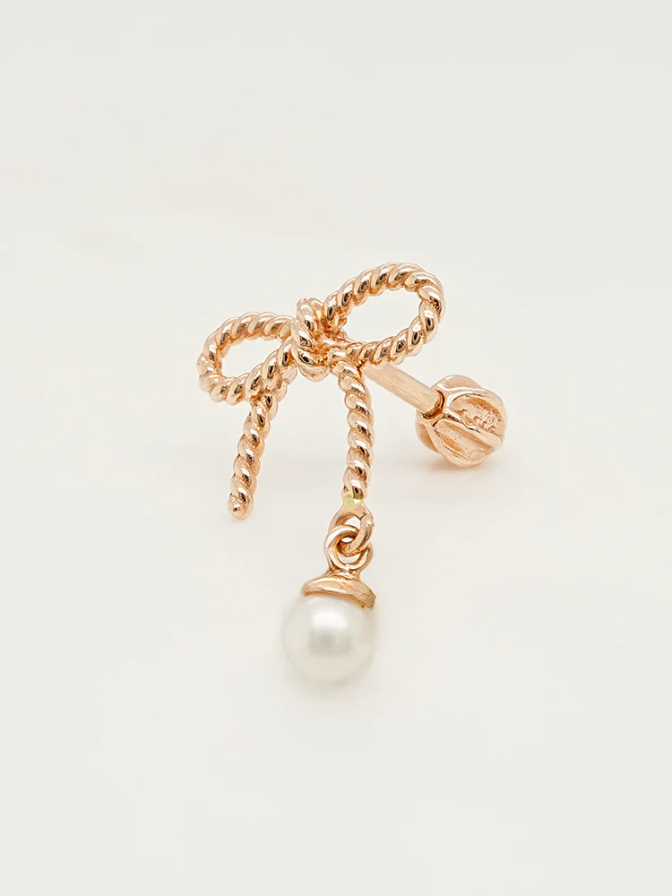 14K Gold Rose Ribbon Freshwater Pearl Drop Cartilage Earring 18G16G - Image 15