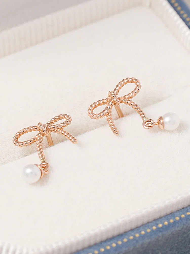 14K Gold Rose Ribbon Freshwater Pearl Drop Cartilage Earring 18G16G - Image 6