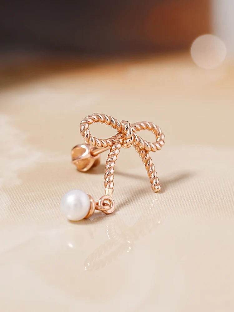 14K Gold Rose Ribbon Freshwater Pearl Drop Cartilage Earring 18G16G - Image 8