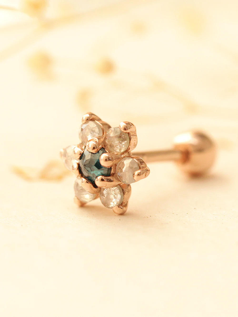 14K Gold Rough Dia Flower Cartilage Earring 18G16G - Image 4