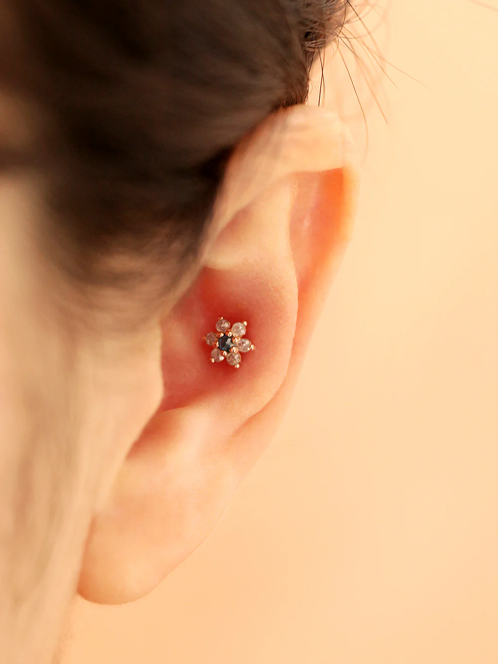 14K Gold Rough Dia Flower Cartilage Earring 18G16G - Image 8