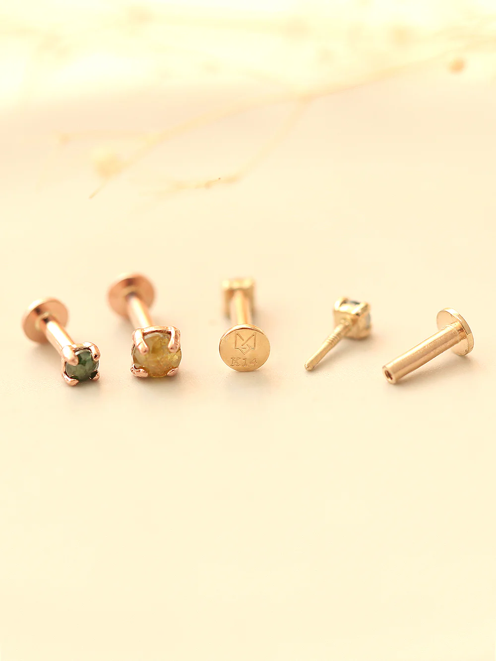 14K Gold Rough Diamond Internally Labret Piercing 18G16G - Image 4