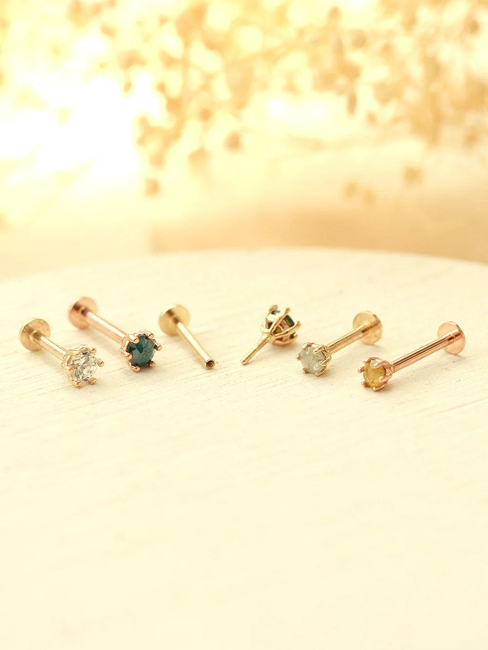 14K Gold 6 Prongs Rough Diamond Internally Threaded Labret Piercing 18G16G - Image 5