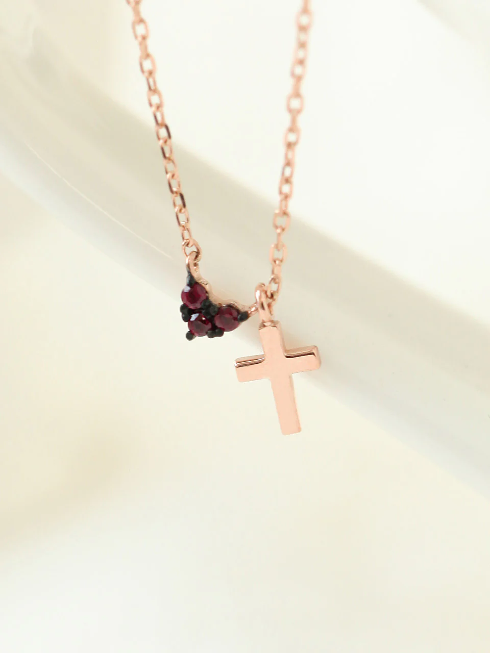 14K Gold Ruby Heart Cross Necklace - Image 2
