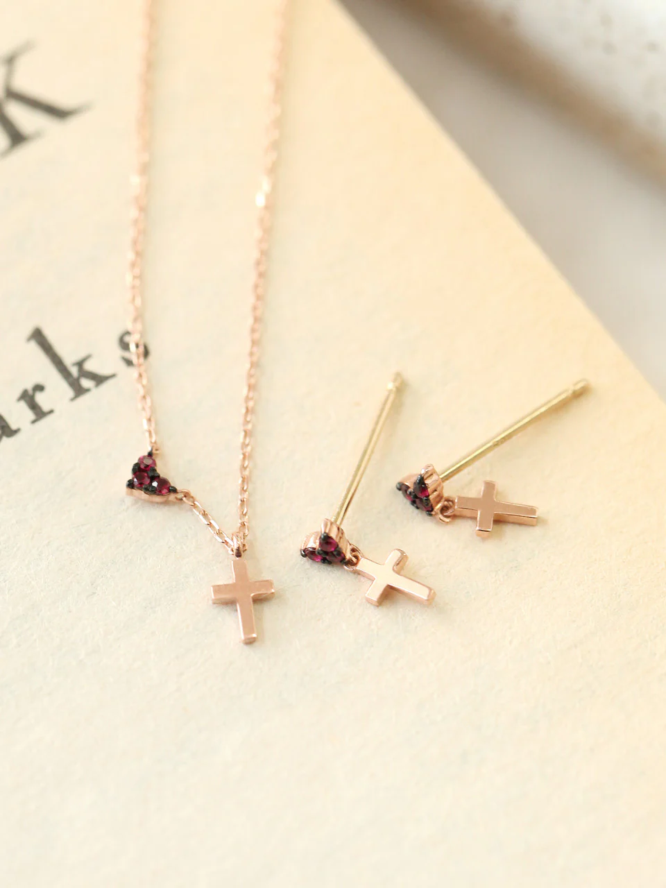 14K Gold Ruby Heart Cross Necklace - Image 4
