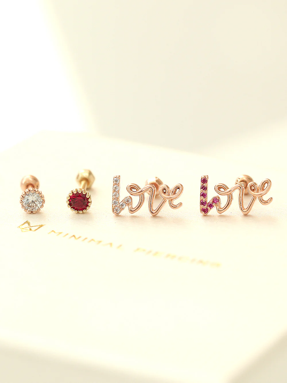 14K Gold Ruby Love and Round CZ Cartilage Earring 18G16G
