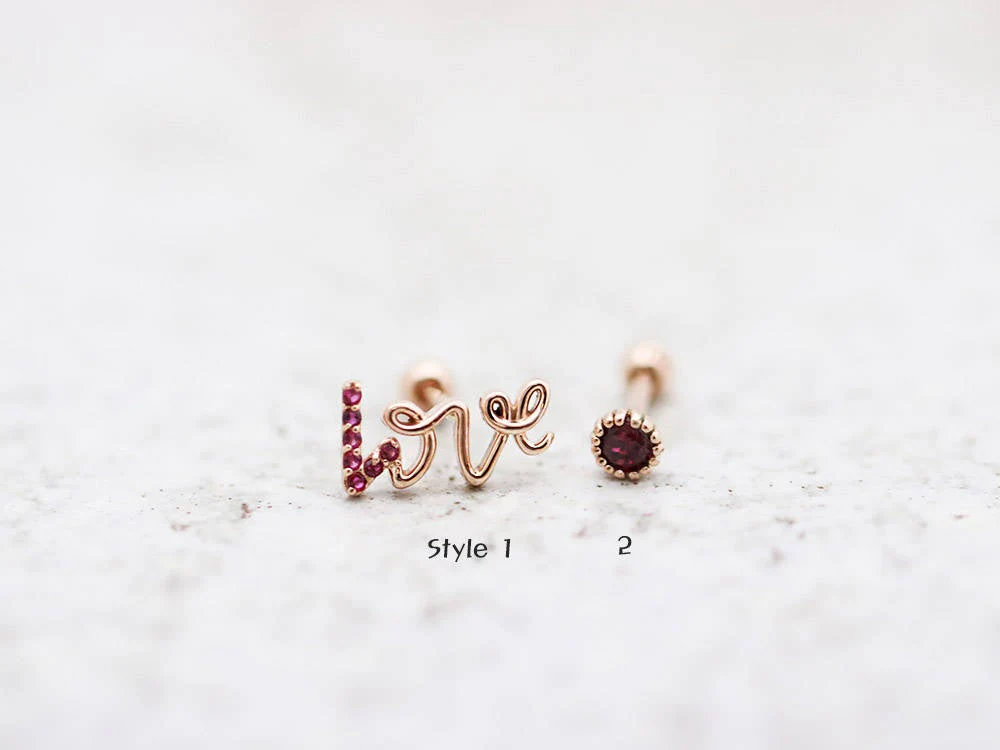 14K Gold Ruby Love and Round CZ Cartilage Earring 18G16G - Image 10