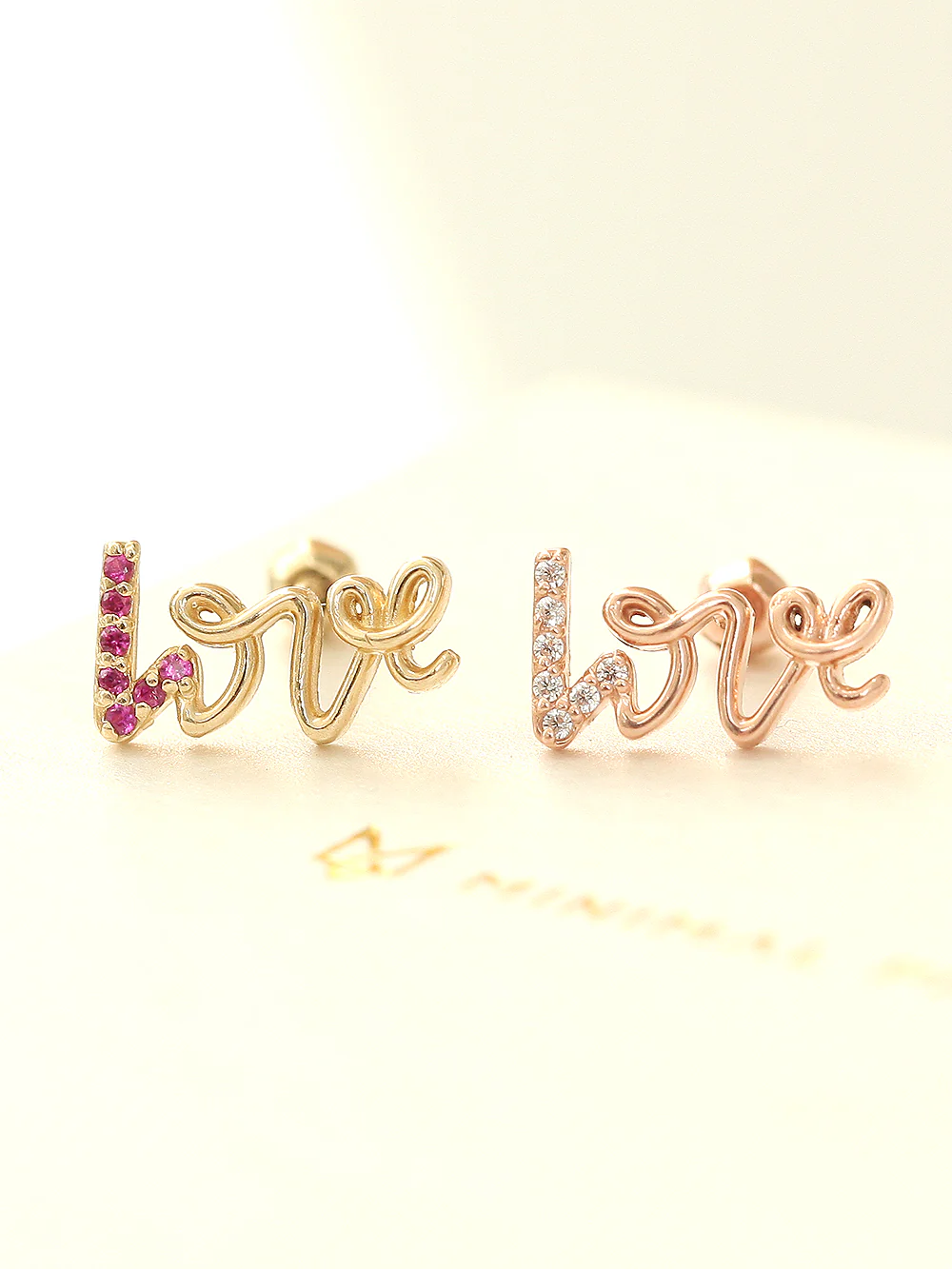 14K Gold Ruby Love and Round CZ Cartilage Earring 18G16G - Image 2