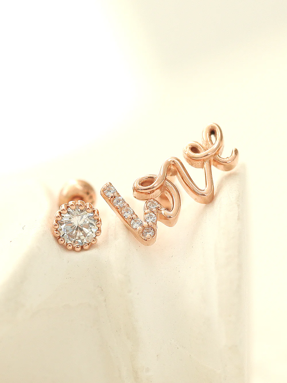 14K Gold Ruby Love and Round CZ Cartilage Earring 18G16G - Image 3