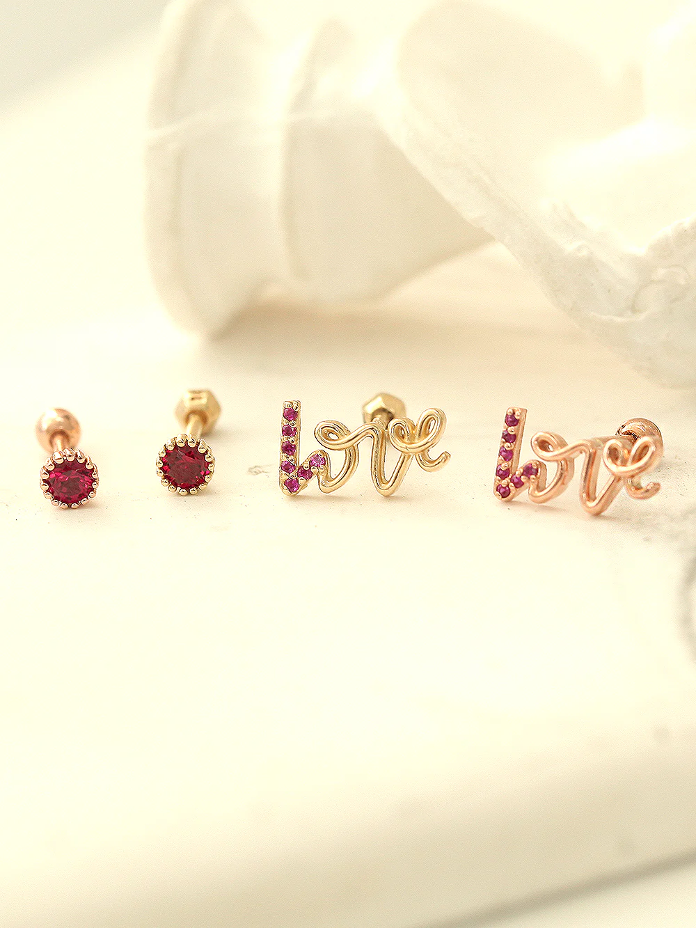14K Gold Ruby Love and Round CZ Cartilage Earring 18G16G - Image 4