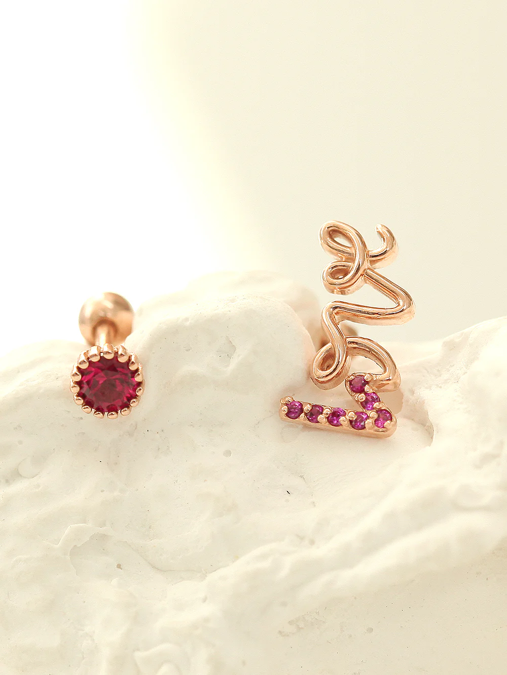14K Gold Ruby Love and Round CZ Cartilage Earring 18G16G - Image 5