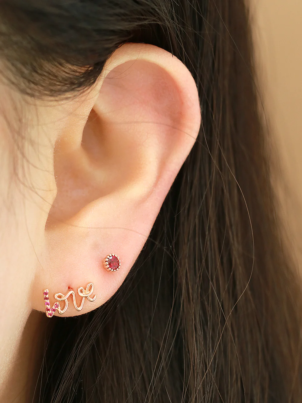 14K Gold Ruby Love and Round CZ Cartilage Earring 18G16G - Image 7