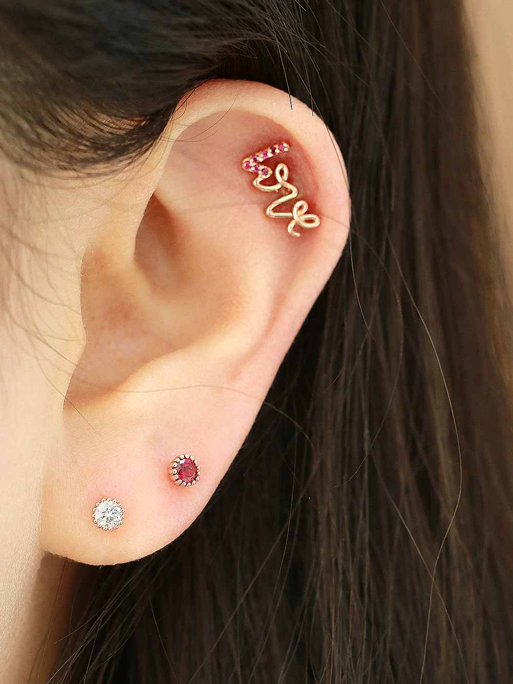 14K Gold Ruby Love and Round CZ Cartilage Earring 18G16G - Image 8