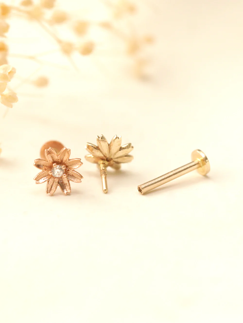 14K Gold Sculpture Flower Cubic Internally Threaded Labret Piercing 18G16G - Image 7