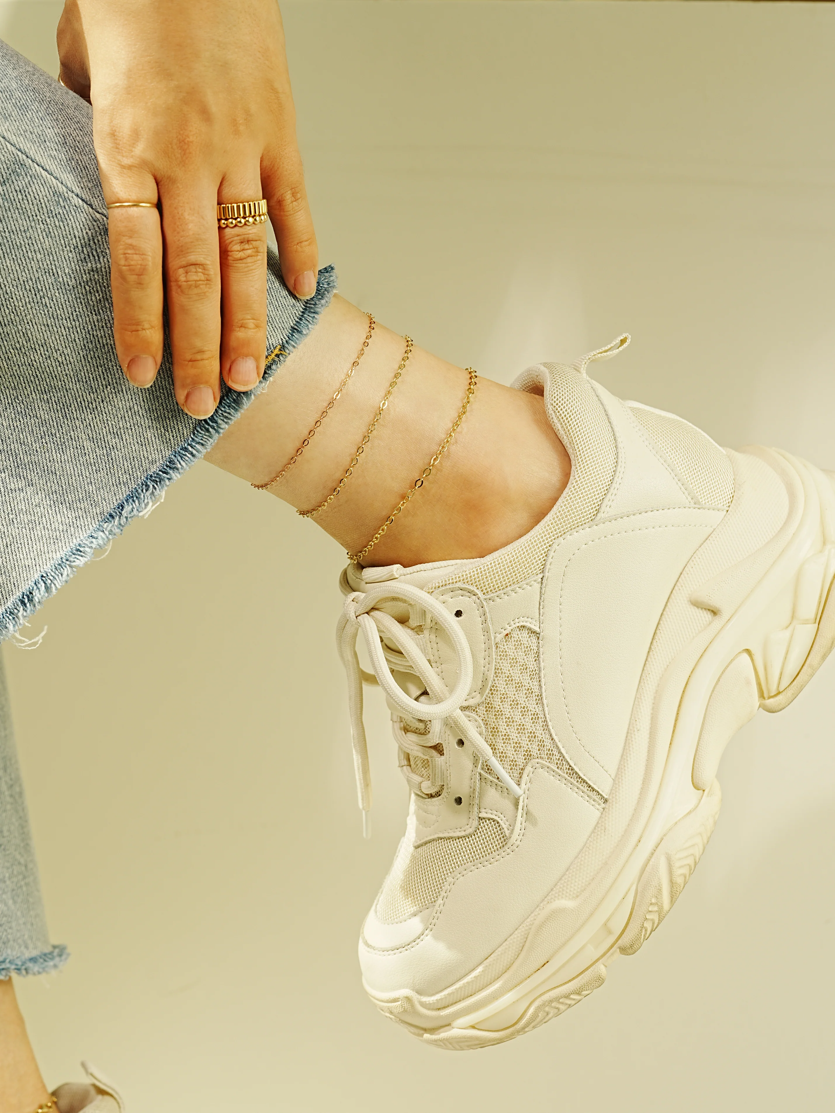 14K Gold Simple Flat Cable Chain Bracelet Anklet - Image 9