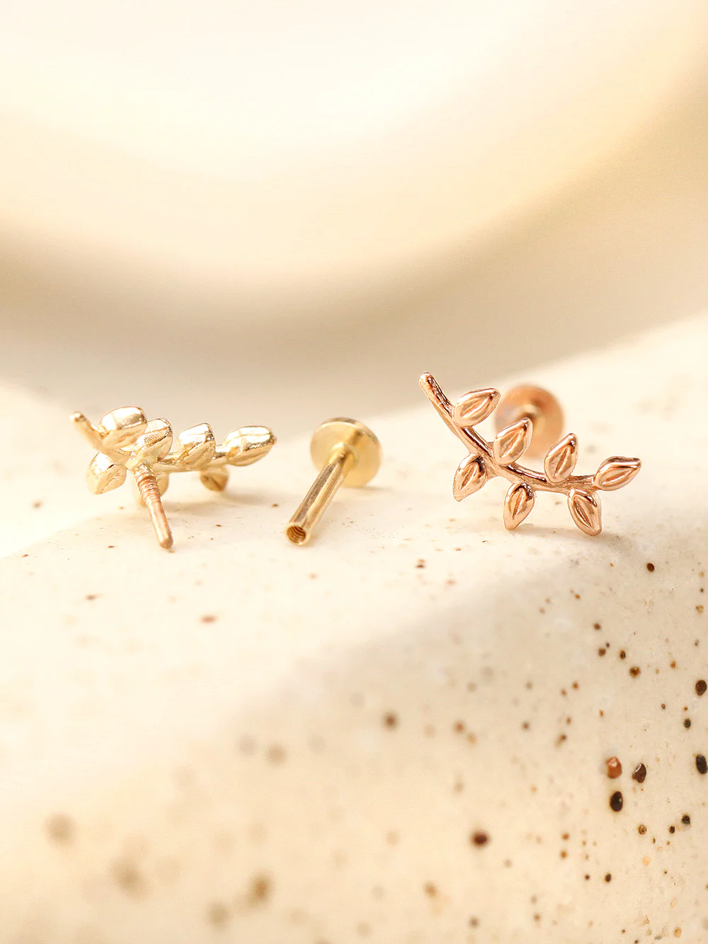 14K Gold Simple Leaf Internally Threaded Labret Piercing 18G16G - Image 5