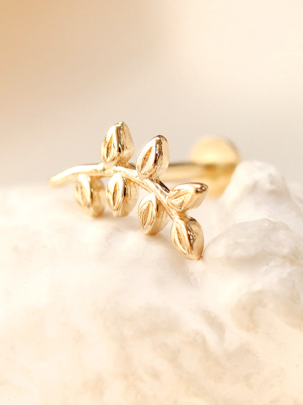 14K Gold Simple Leaf Internally Threaded Labret Piercing 18G16G - Image 9
